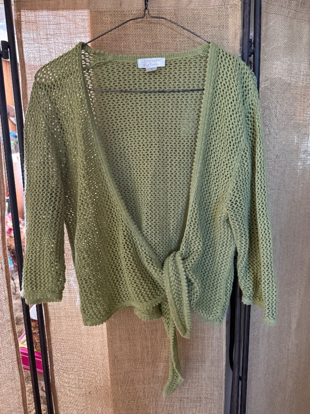 Christopher Banks Olive Green Crochet Knit Shrug Ramie Cottom Medium
